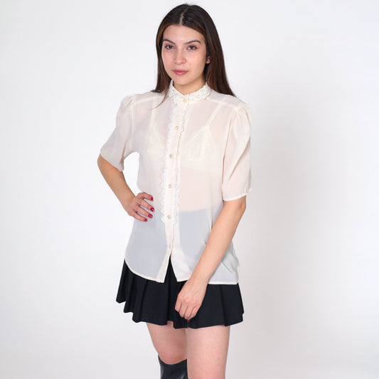 80s White Puff Sleeve Blouse Lace Collar Button-Up Short Sleeve Medium