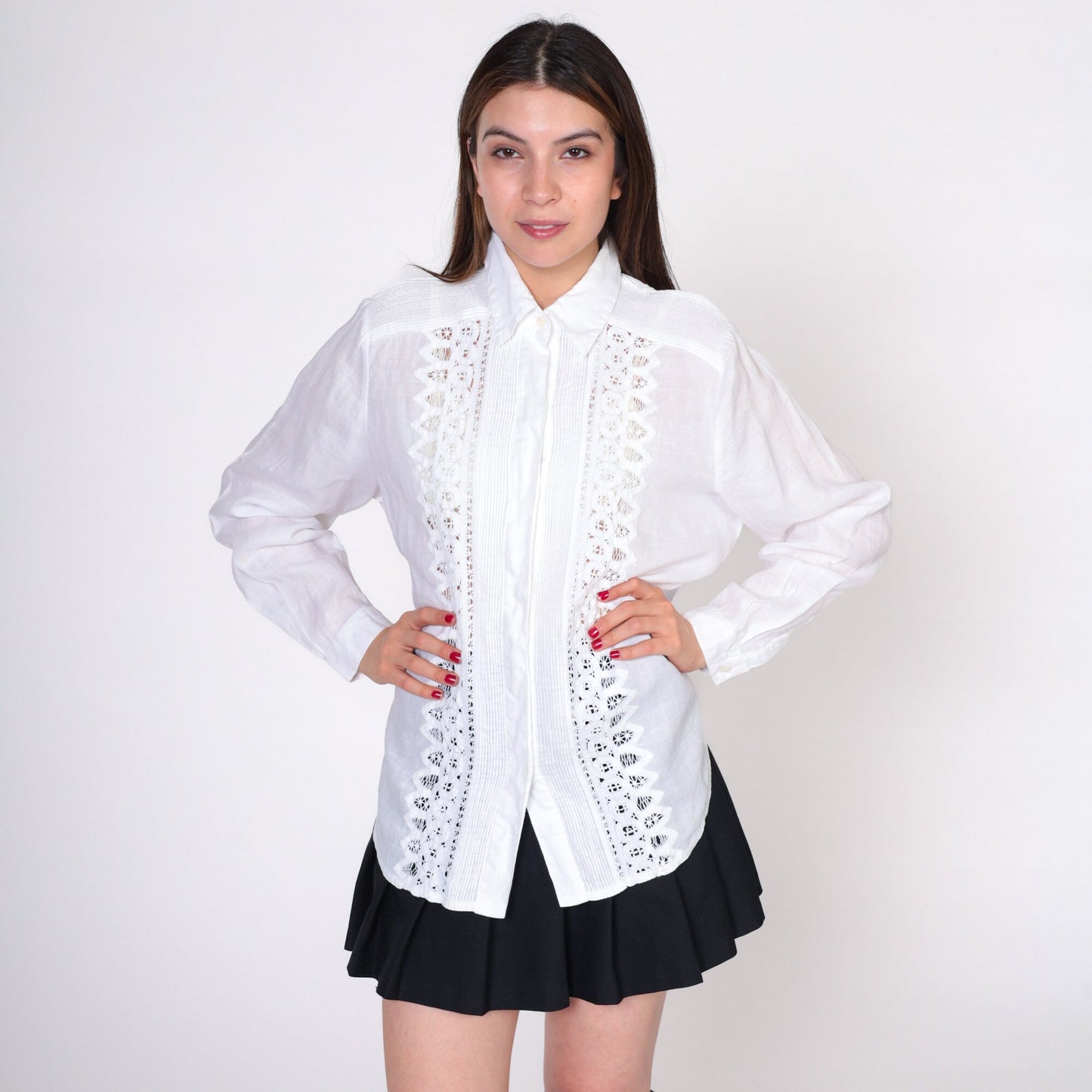 90s White Lace Cutout Button-Up Blouse Long Sleeve Extra Large