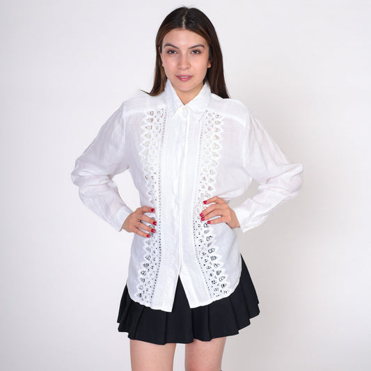 90s White Lace Cutout Button-Up Blouse Long Sleeve Extra Large