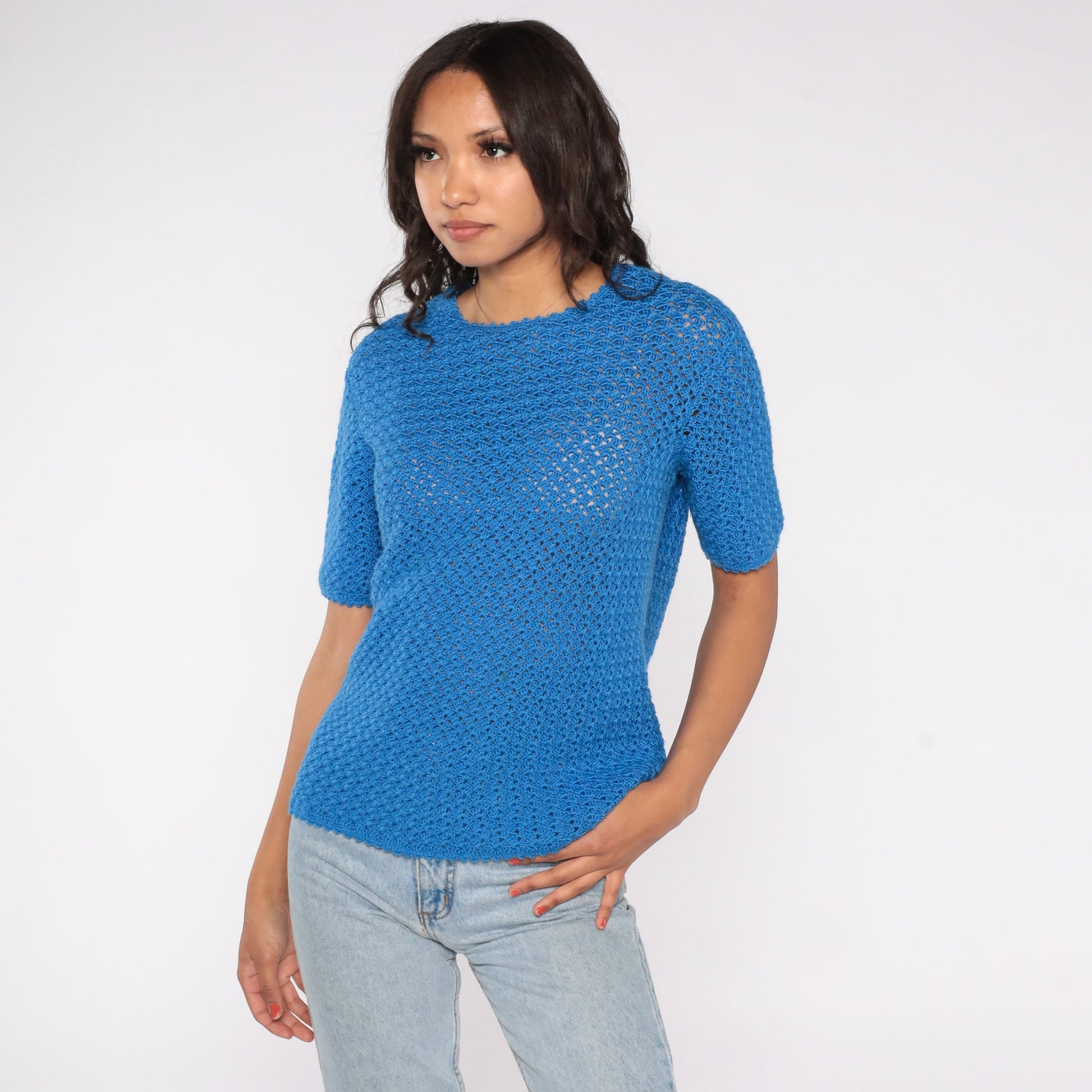70s Blue Crochet Blouse Open Weave Short Sleeve Sheer Top Medium