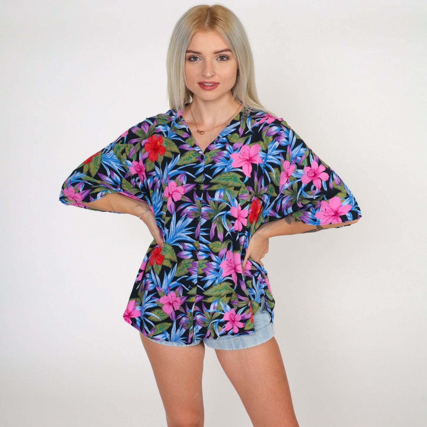 90s Caribou Tropical Hibiscus Button-Up Blouse Black Pink Red Extra Large
