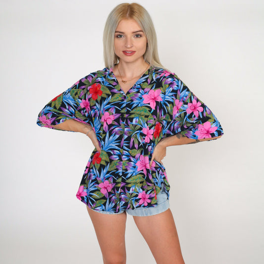 90s Caribou Tropical Hibiscus Button-Up Blouse Black Pink Red Extra Large