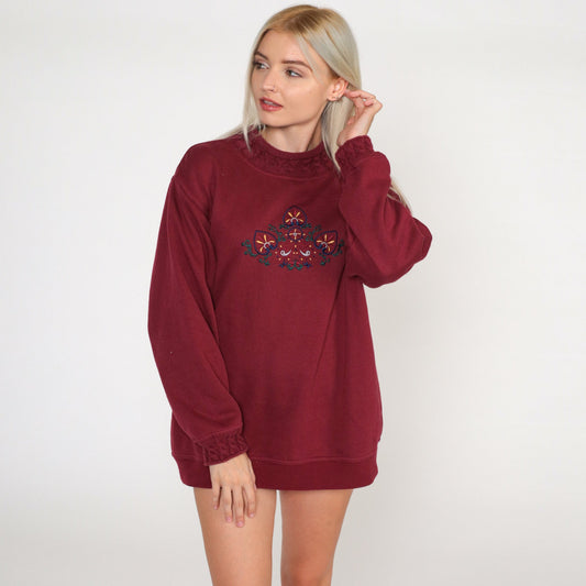 90s Hunt Club Embroidered Leaf Sweatshirt Burgundy Paisley Crewneck Large