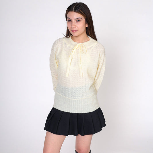 80s Cream Pointelle Knit Sweater Bow Neck Cutout Small