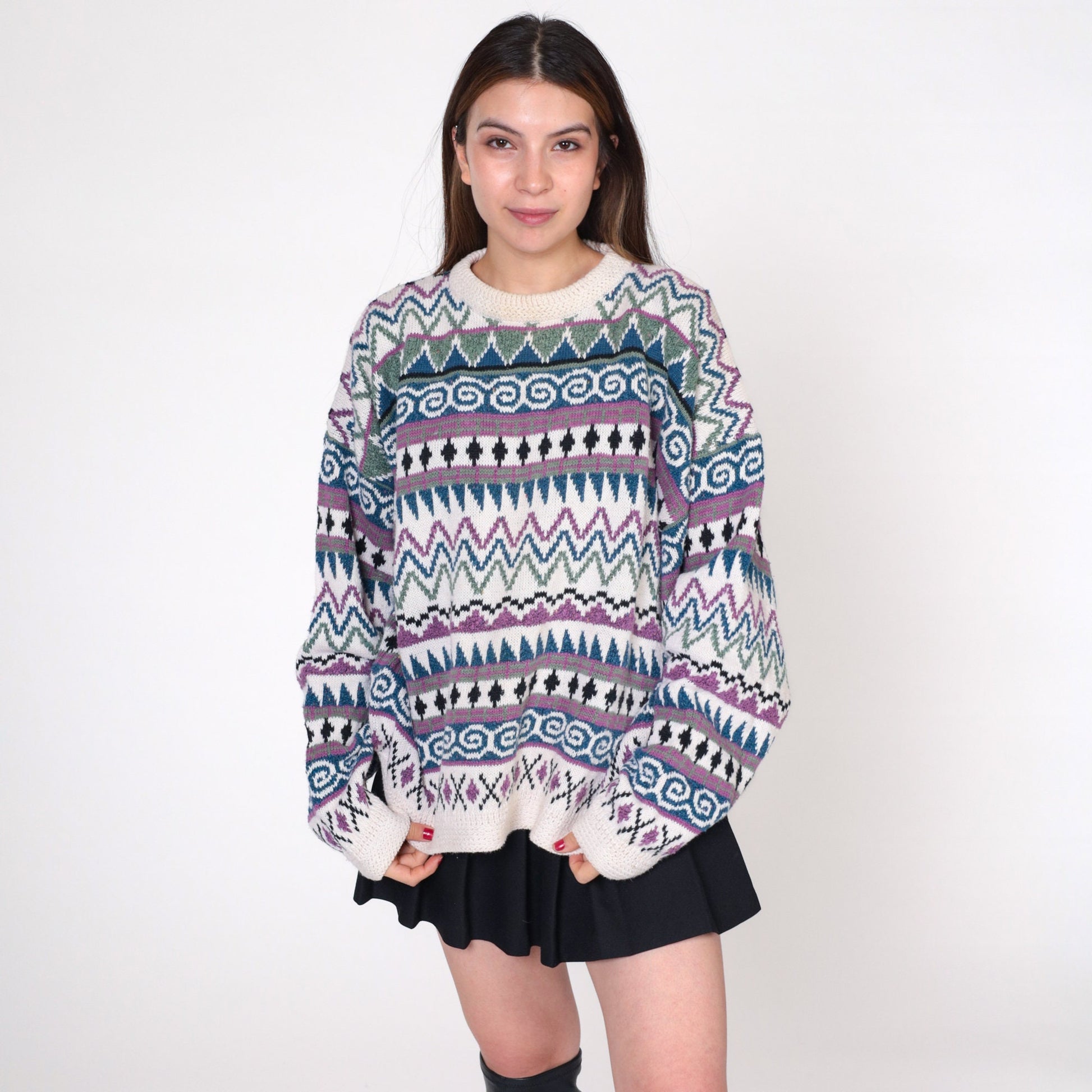 Y2K Geometric Striped Pullover Sweater White Jacquard Knit Extra Large XXL