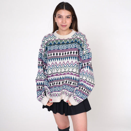 Y2K Geometric Striped Pullover Sweater White Jacquard Knit Extra Large XXL