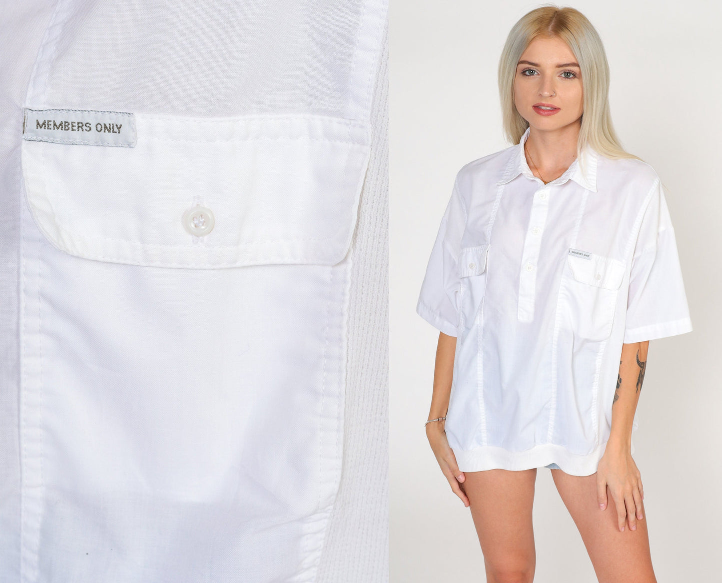 80s Members Only Polo Shirt White Collared Short Sleeve Men's Large L