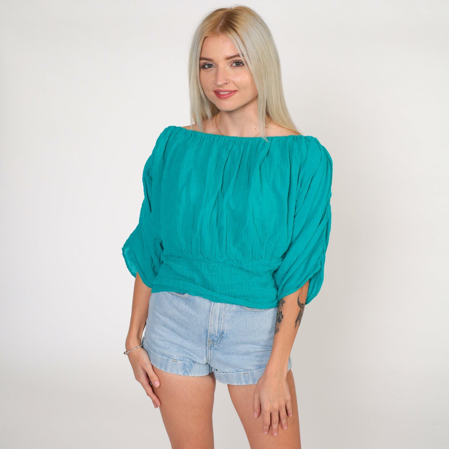 90s Teal Off-Shoulder Smocked Peasant Blouse Ruched Half-Sleeve Small Medium