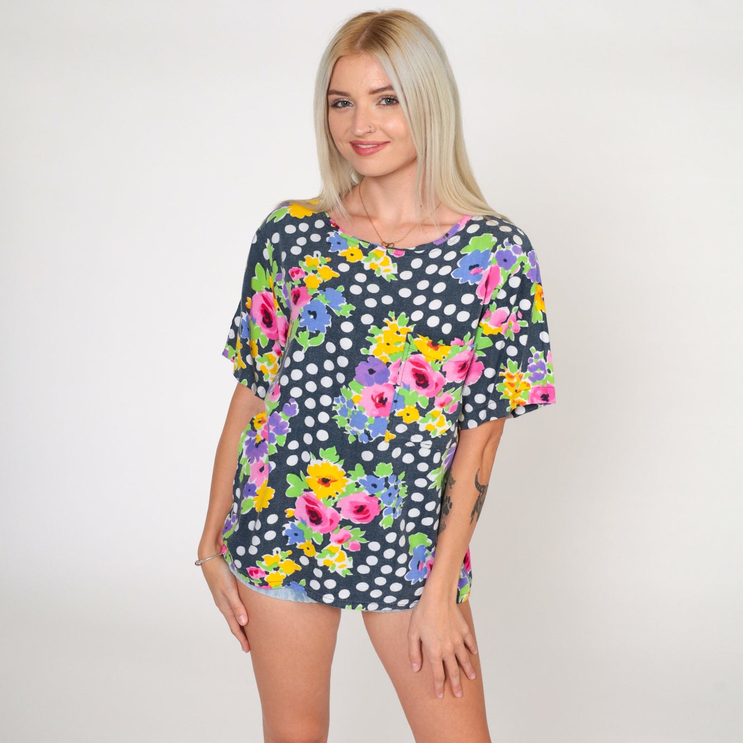 90s Polka Dot Floral Blouse Black Faded Print Short Sleeve Top Small