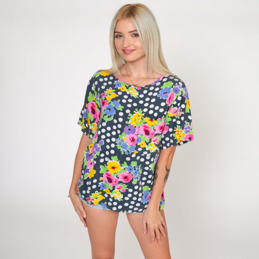 90s Polka Dot Floral Blouse Black Faded Print Short Sleeve Top Small