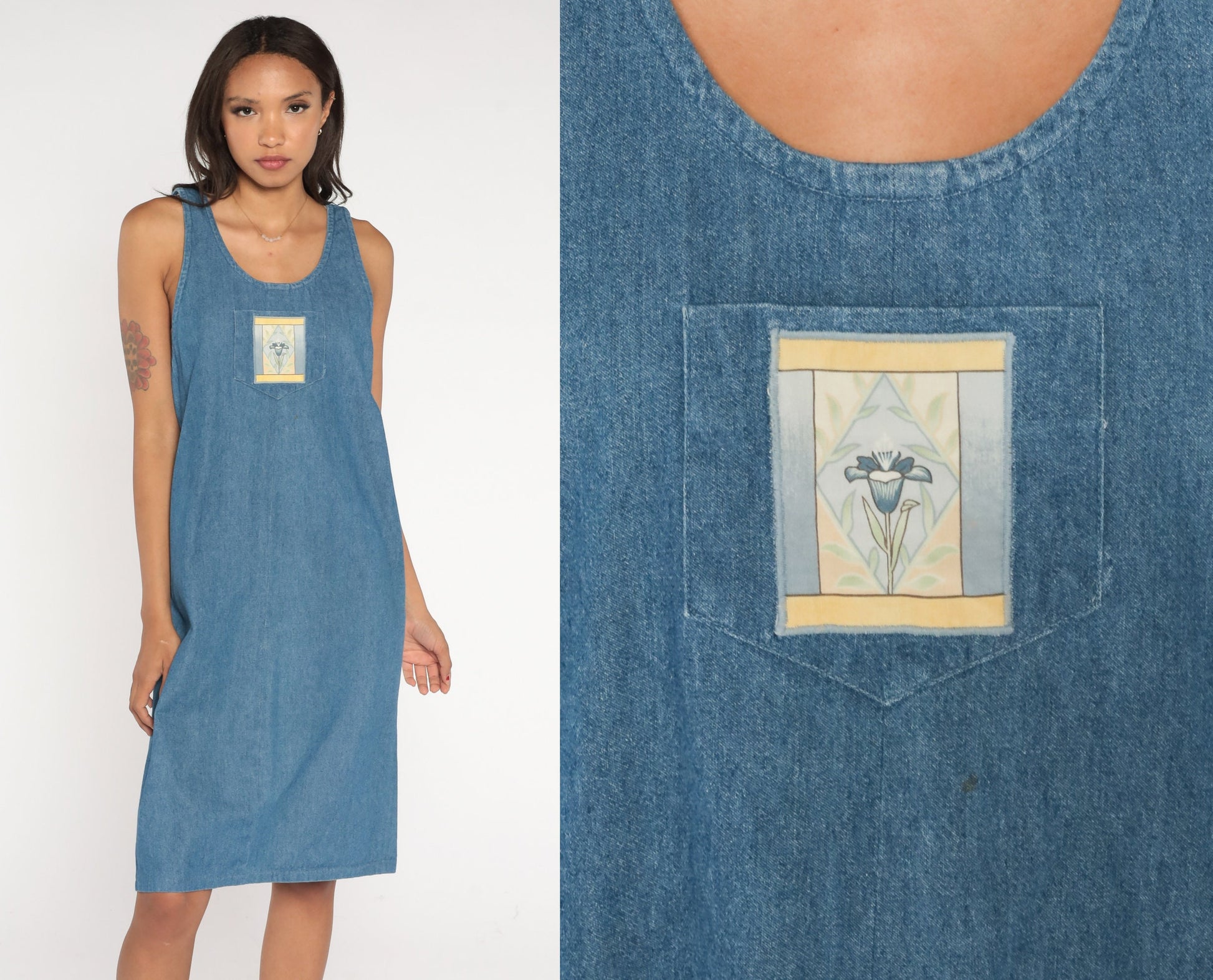 90s Blue Denim Midi Dress Flower Patch Sleeveless Cotton Medium M