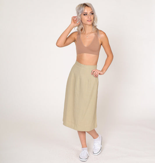 80s Khaki Midi Skirt High Waisted Pencil Tan Vintage Extra Small
