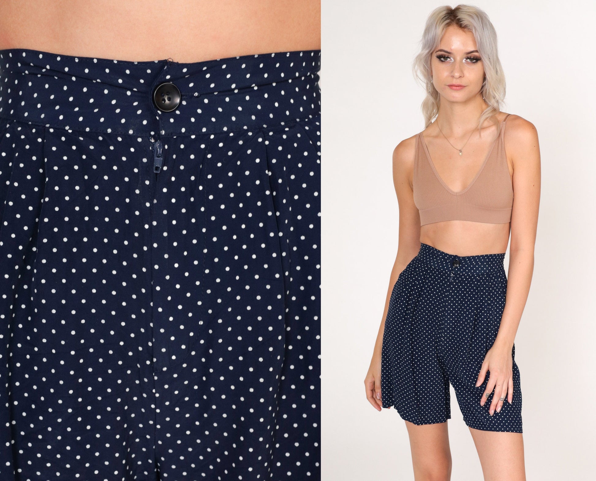 90s Navy Polka Dot High-Waisted Pleated Bermuda Shorts XXS