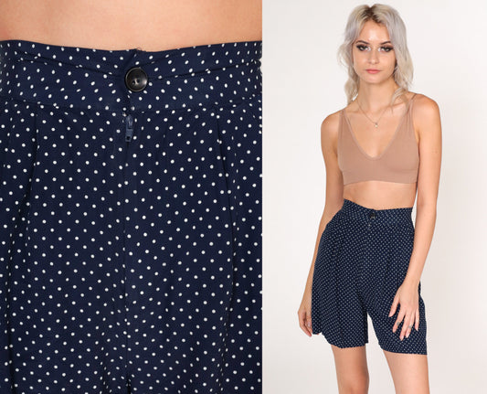 90s Navy Polka Dot High-Waisted Pleated Bermuda Shorts XXS