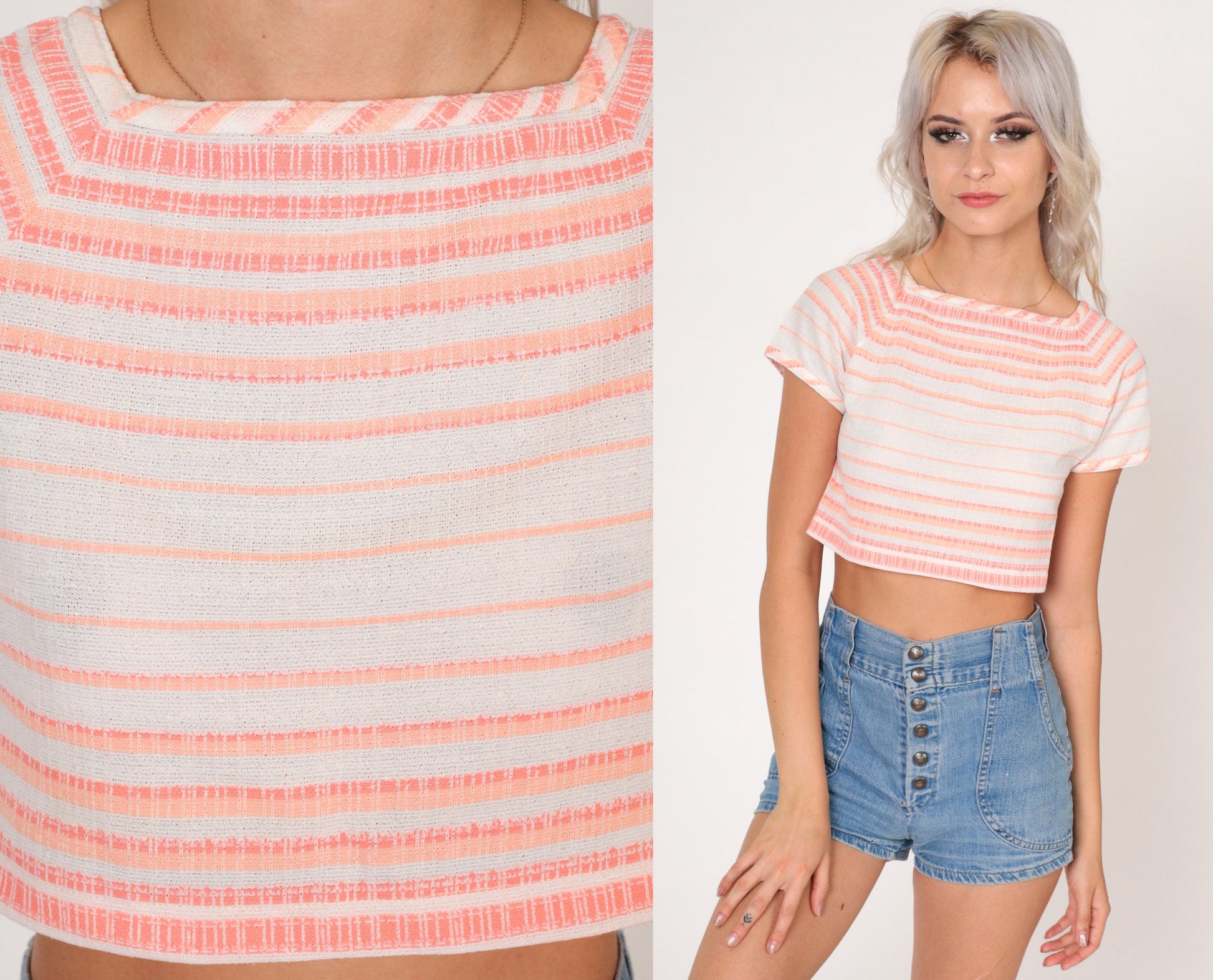 70s Catalina Striped Crop Top White Pink Orange Short Sleeve Extra Small