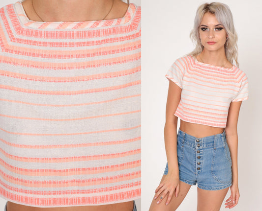 70s Catalina Striped Crop Top White Pink Orange Short Sleeve Extra Small