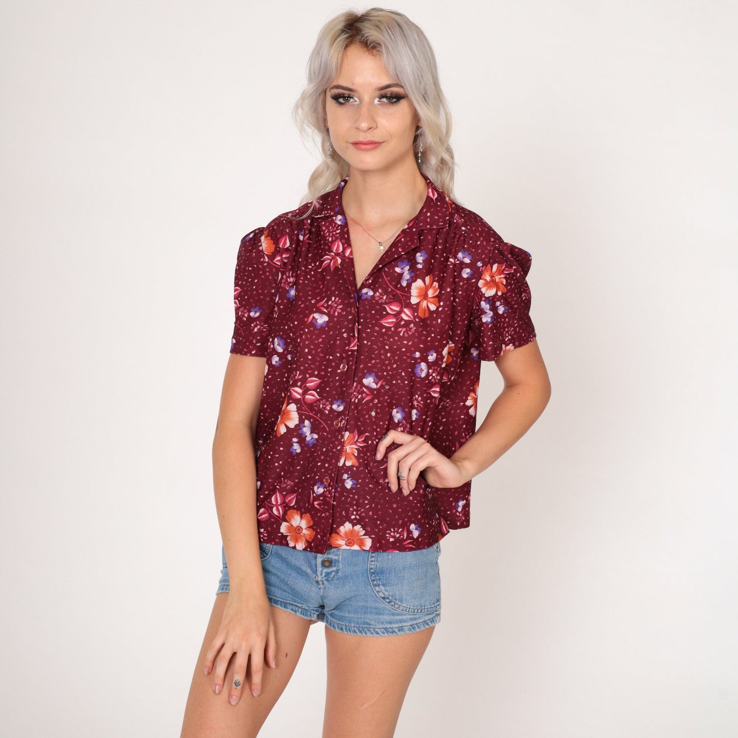 70s Burgundy Floral Puff Sleeve Button-Up Blouse Dot Print Medium