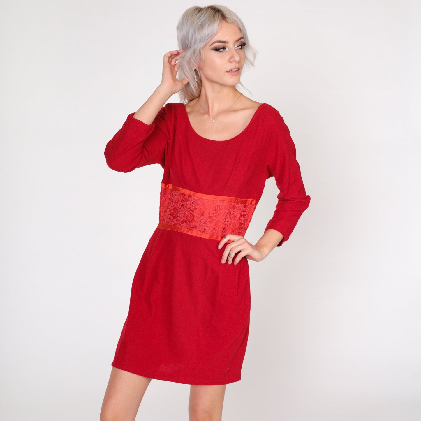60s Red Wool Mini Dress Empire Waist Floral Lace Long Sleeve Small