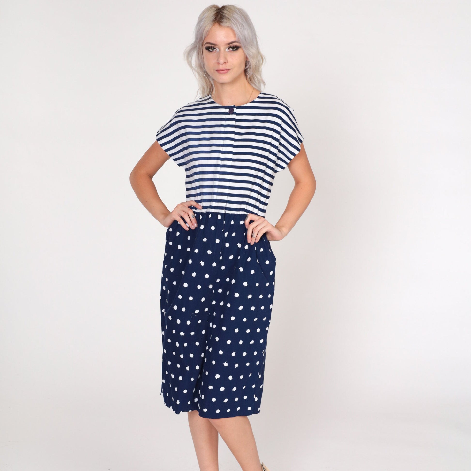 80s California Girl Petites Day Dress Blue White Striped Polka Dot Knee Length Small