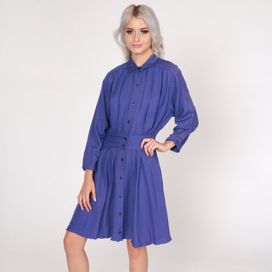 80s Moda International Purple Mini Dress Button-Up Collared High-Waisted Small