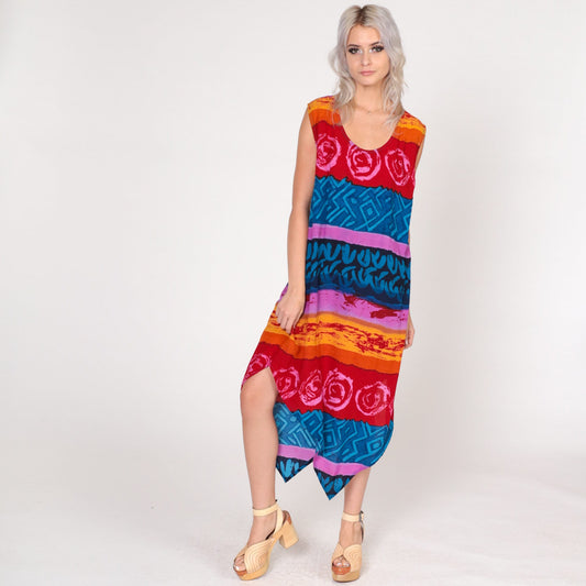 00s Meant to Be Midi Dress Sharkbite Hem Striped Abstract Print Sleeveless Large