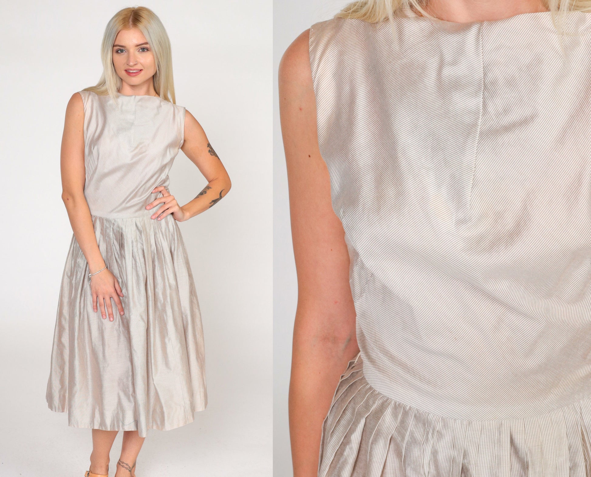 60s Frolic Time Pinstriped Pleated Midi Dress High Waist White Brown Small