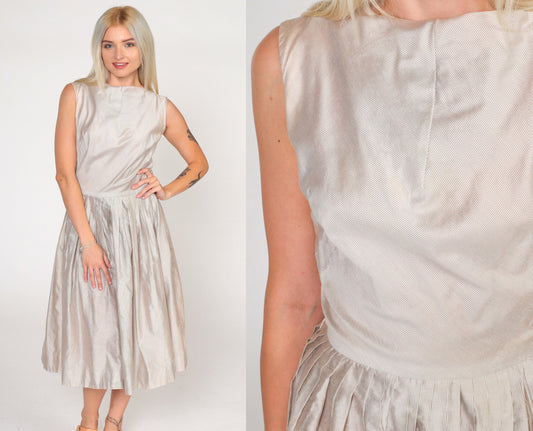 60s Frolic Time Pinstriped Pleated Midi Dress High Waist White Brown Small