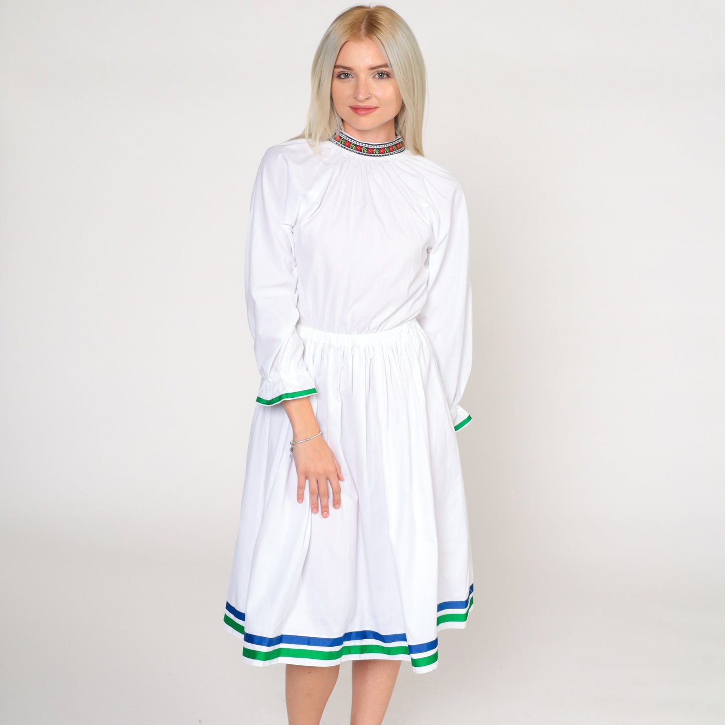 70s White Floral Midi Dress Raglan Sleeve High Waist Cotton Extra Small