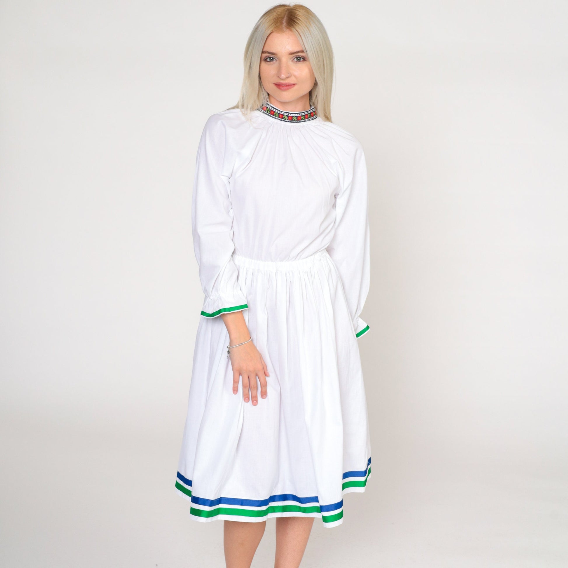 70s White Floral Midi Dress Raglan Sleeve High Waist Cotton Extra Small