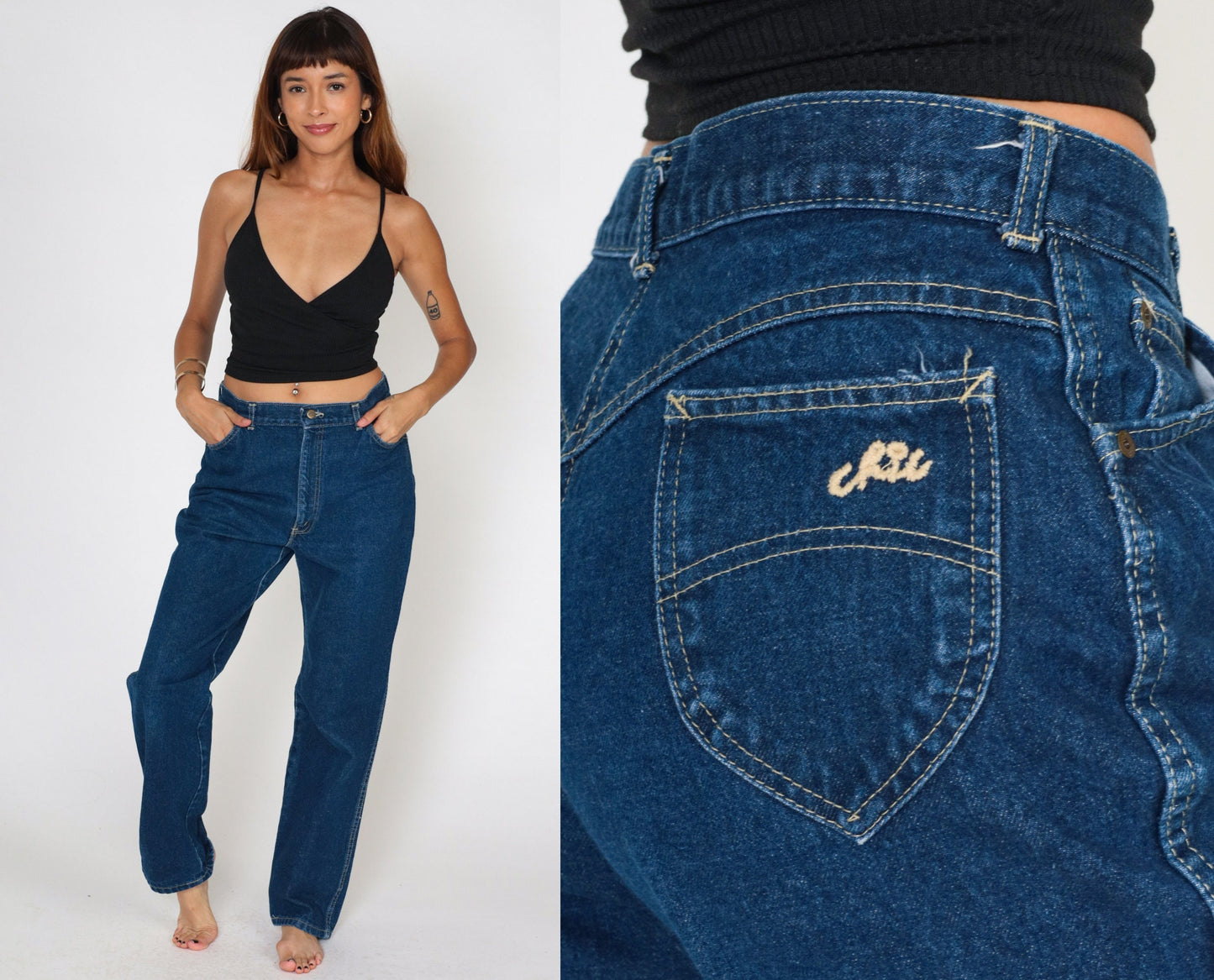 80s Dark Wash High Waisted Jeans Straight Leg Tapered Cotton Denim Medium