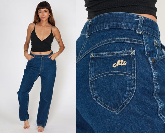80s Dark Wash High Waisted Jeans Straight Leg Tapered Cotton Denim Medium
