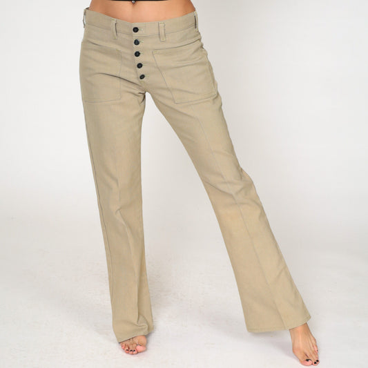 70s Tan Flared Trousers Exposed Button Fly Bell Bottom Mid Rise Medium