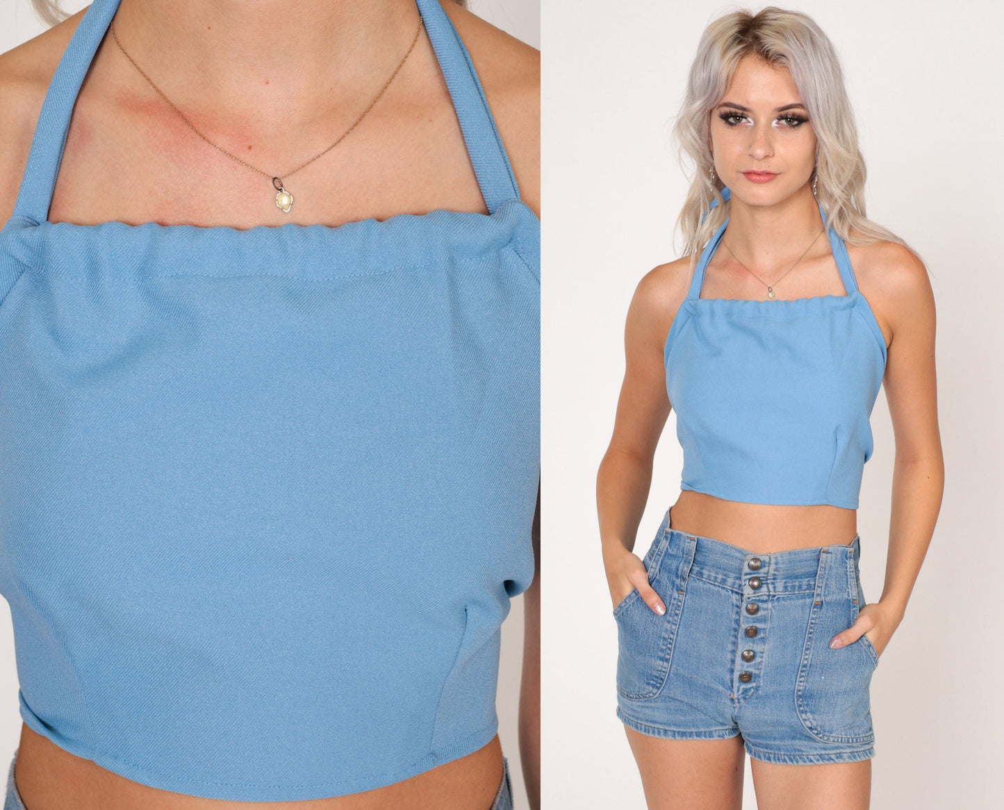 70s Baby Blue Halter Crop Top Open Back Tank Small