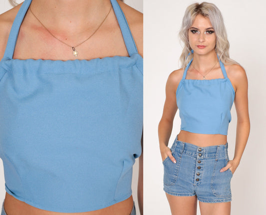 70s Baby Blue Halter Crop Top Open Back Tank Small