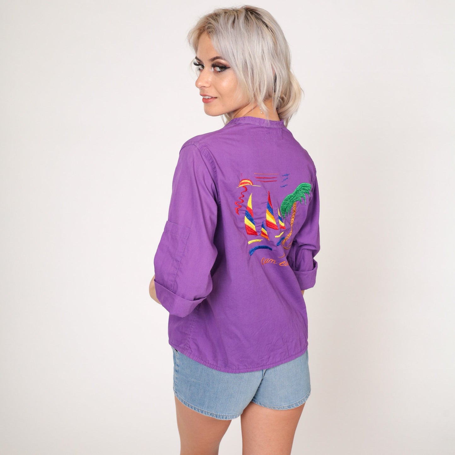 80s Cancun Embroidered Purple Button-Up Blouse Tropical Sailboat Cotton Small
