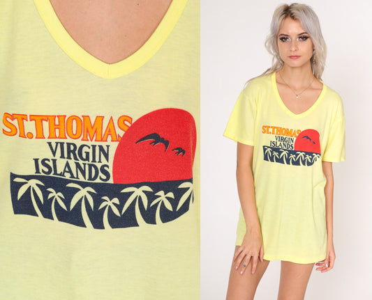 90s St Thomas Virgin Islands Graphic T-Shirt Yellow Palm Tree Medium