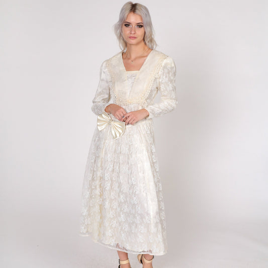 Gunne Sax 80s Cream Lace Midi Dress Pearl Beaded Bow Puff Sleeve Small