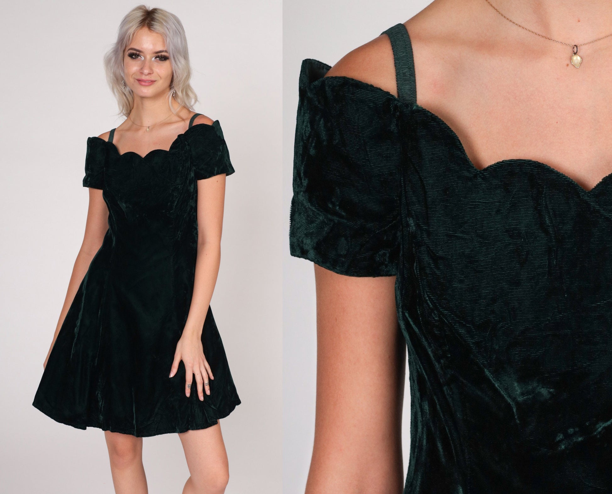 90s Dark Green Velvet Mini Dress Scalloped Off-Shoulder Small