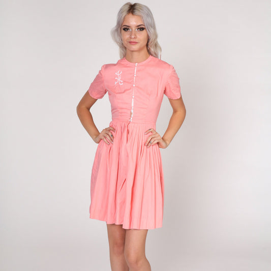 1960s Pink Mini Dress White Embroidery Button-Up High Waist XXS