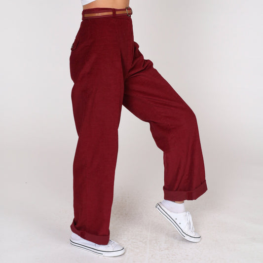 70s Bobbie Brooks Dark Red Corduroy Pants Pleated High Waist Straight Leg Extra Small