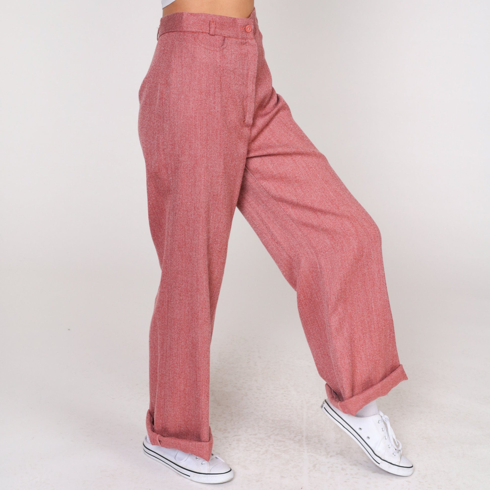 70s Heather Red High-Waisted Wide Leg Trousers Cuffed Straight Small S