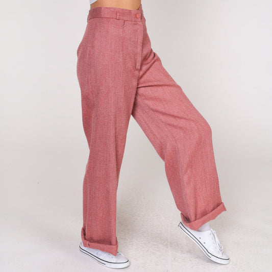 70s Heather Red High-Waisted Wide Leg Trousers Cuffed Straight Small S