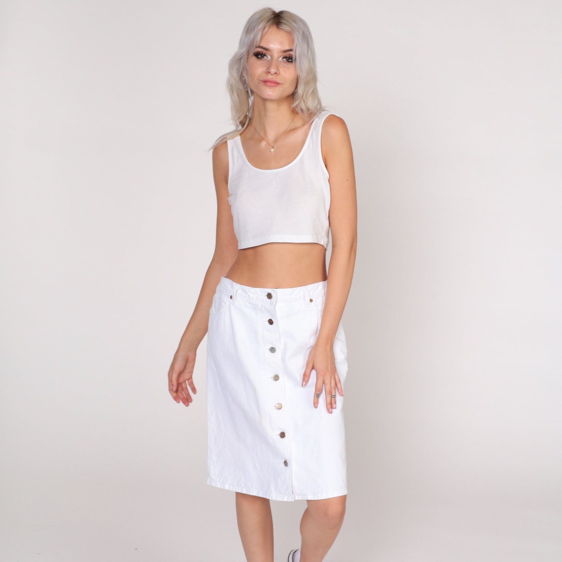 90s Guess White Denim Mini Skirt High Waisted Button Front Small 28
