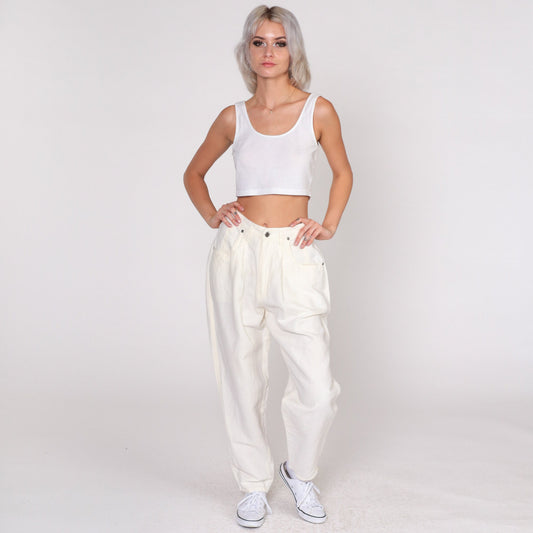 80s Cream Linen Pleated High-Waist Trousers Tapered Leg Small S