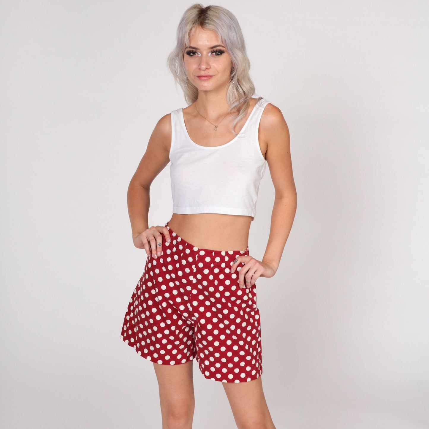 70s Red Polka Dot High-Waist Shorts White Cotton Knee-Length Extra Small