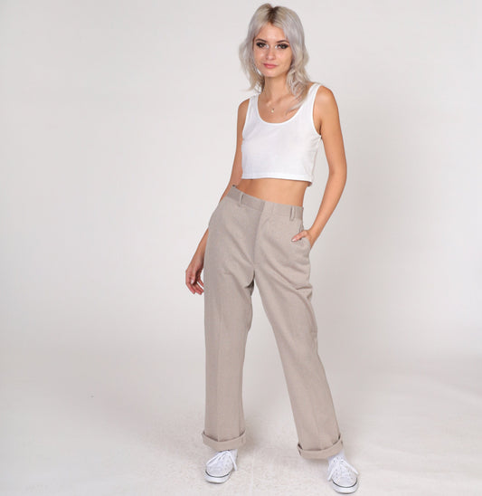 70s Herringbone High-Waisted Straight Trousers Sand Twill Cuffed Medium