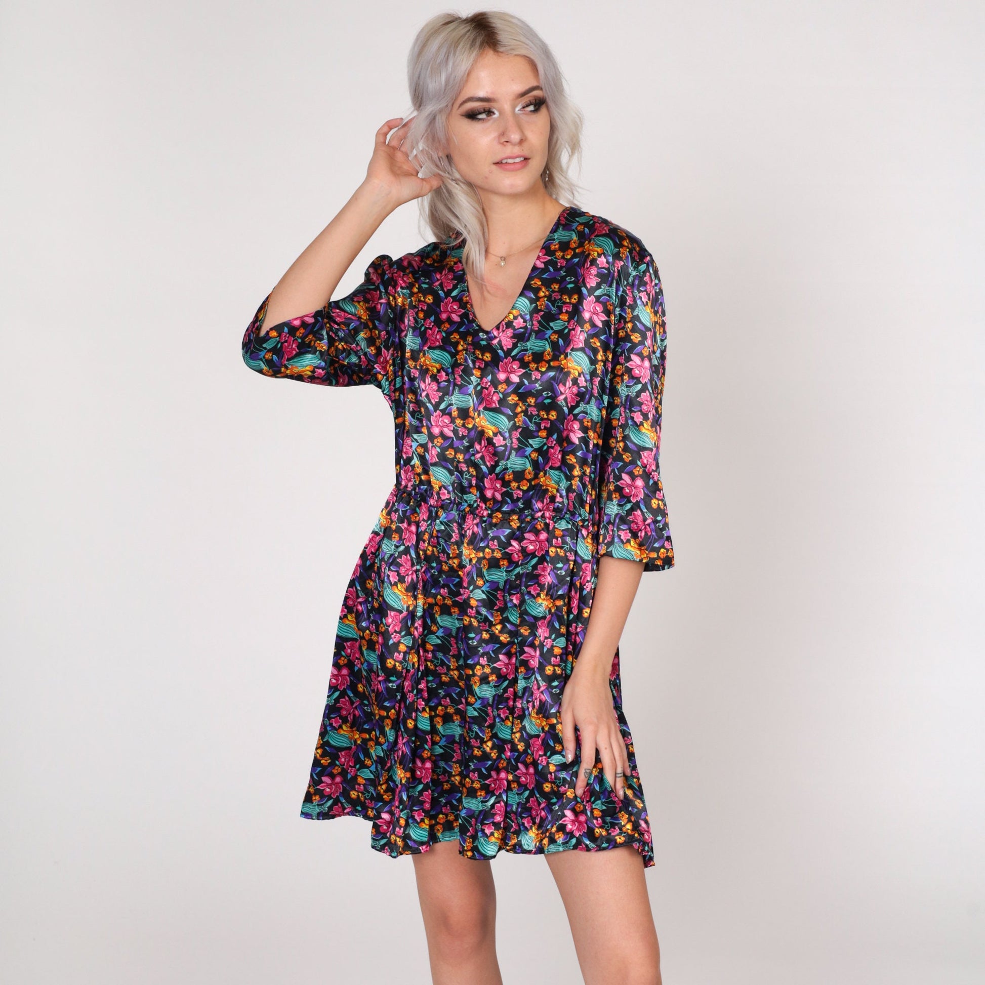 90s Black Floral Satin Mini Dress V-Neck Button Back Medium