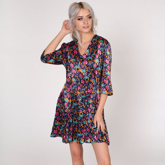 90s Black Floral Satin Mini Dress V-Neck Button Back Medium