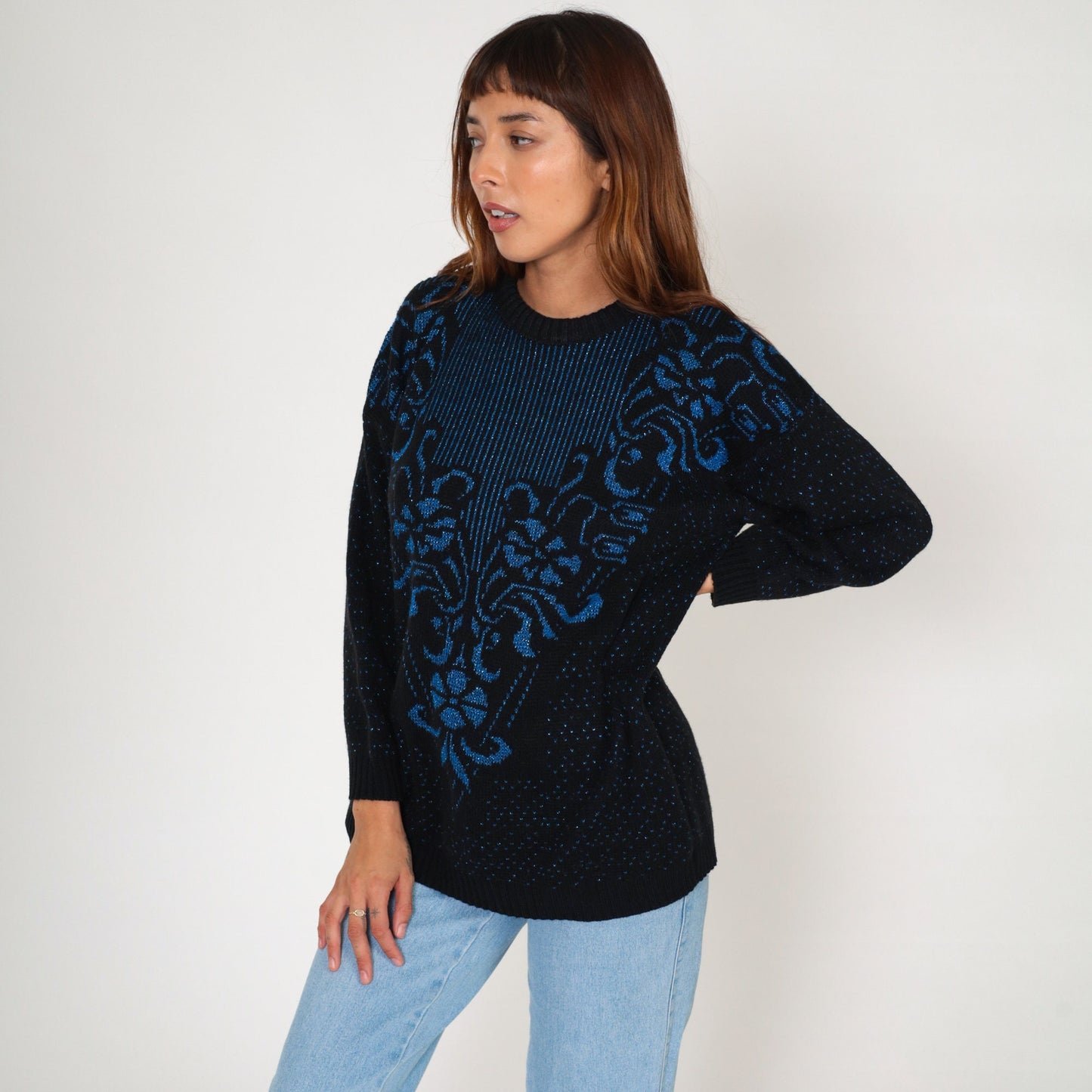 80s Metallic Floral Knit Sweater Black Blue Sparkly Pullover Medium M