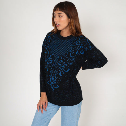 80s Metallic Floral Knit Sweater Black Blue Sparkly Pullover Medium M